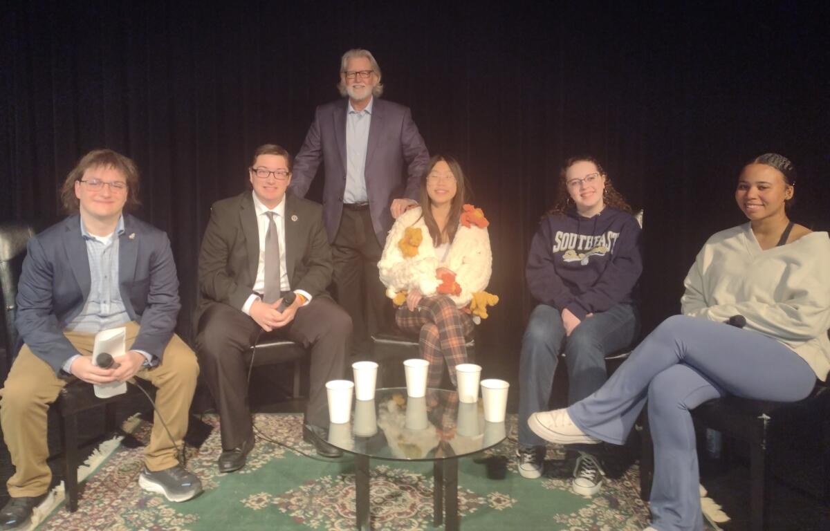 L to Right, SHS senior, Harrison Gray; SHG senior, Matt Saner; City Club President, John Kelker; SHS Senior, Bella Yu; SEHS freshman, Natalie Harris, LHS senior, Tamaih Jefferson