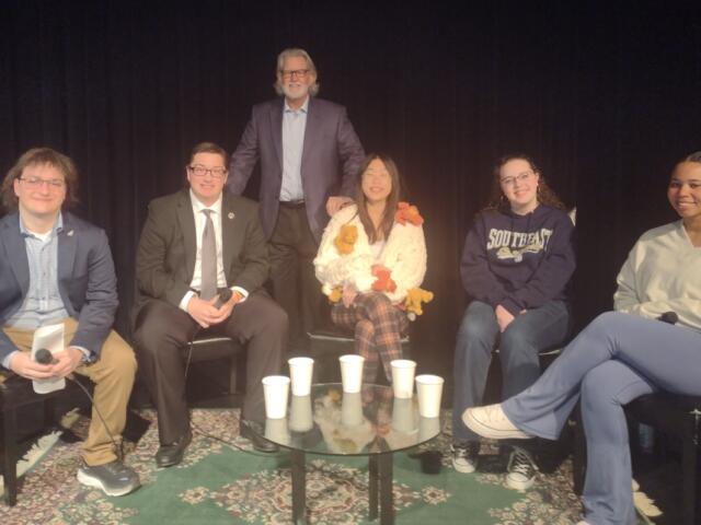 L to Right, SHS senior, Harrison Gray; SHG senior, Matt Saner; City Club President, John Kelker; SHS Senior, Bella Yu; SEHS freshman, Natalie Harris, LHS senior, Tamaih Jefferson